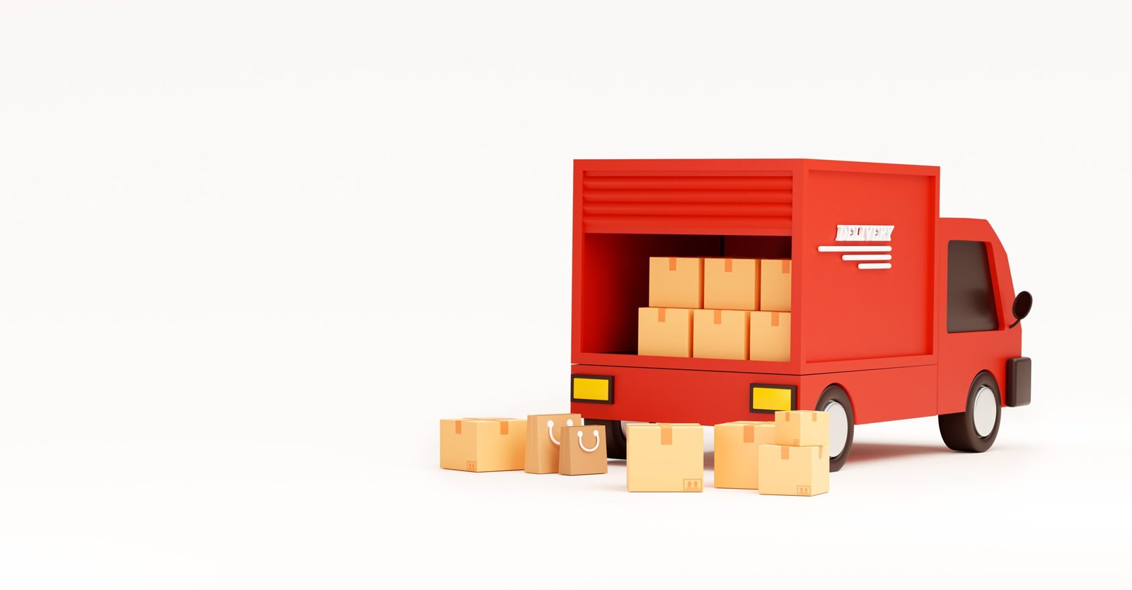 red delivery car deliver express with cardboard boxes cartoon shipping transportation concept white website banner background 3d rendering 1 scaled